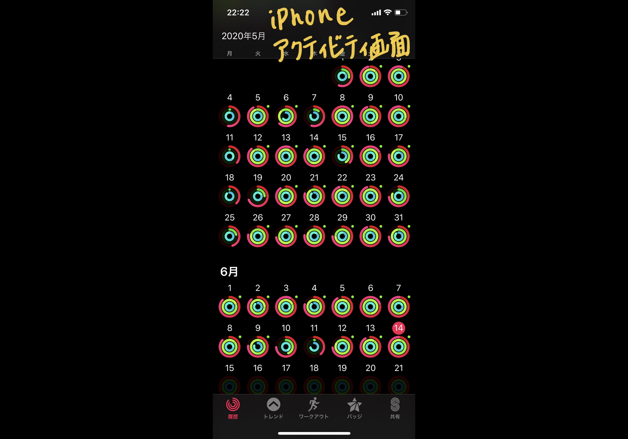 iPhoneのアクティビティアプリ画面。黄緑の円が完成している日はローラーを行った日。